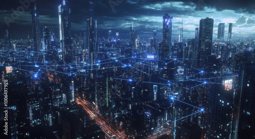 Wallpaper Mural Futuristic Technology-Driven Cityscape at Night with Connected Digital Networks Torontodigital.ca