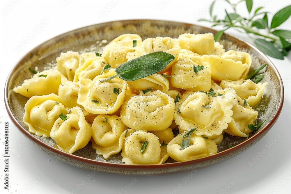 tortellini with sage butter sauce on white background tortellini with sage butter sauce on white background