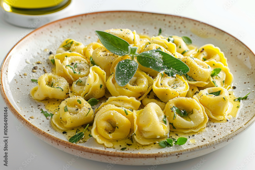 tortellini with sage butter sauce on white background tortellini with sage butter sauce on white background