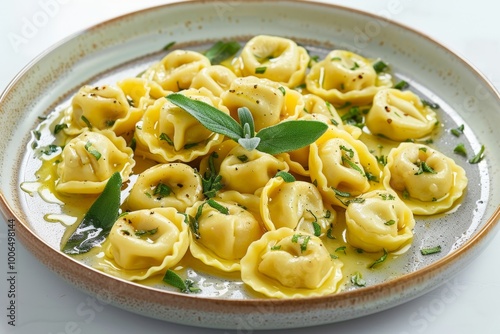 tortellini with sage butter sauce on white background