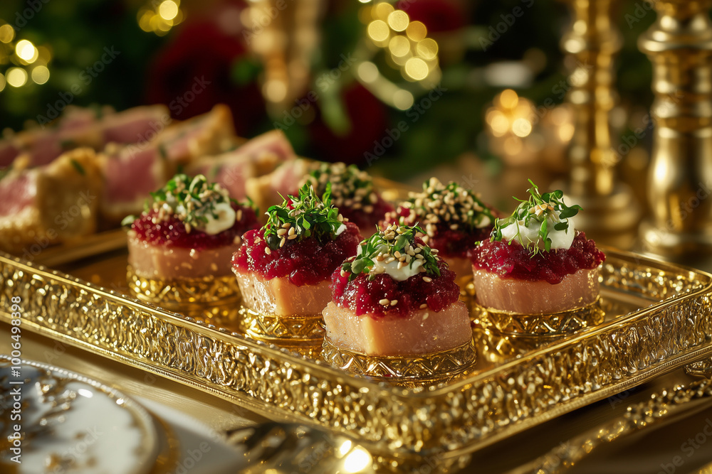  luxurious and intricate canapés suitable for a hotel setting featuring various mini burgers, sandwiches, fruit, and canapé options

