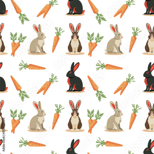 Colourful pattern of rabbits with carrots Vector seamless background. Black, brown and beige rabbit Animal seamless pattern. Cute colourful background for fabric, baby shower, kitchen, easter card.