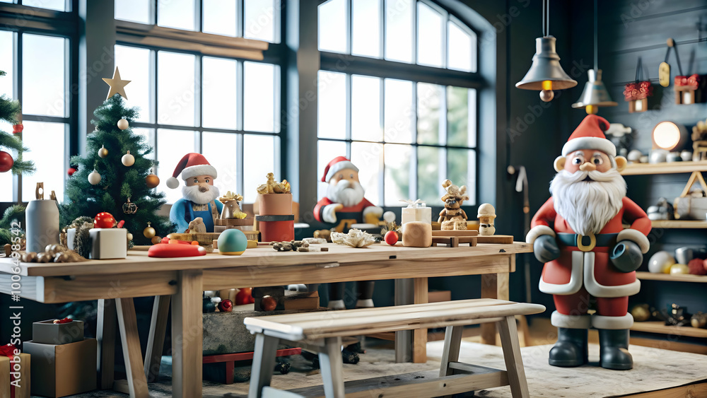 Naklejka premium 3D Santa's Organic Toy Workshop: Vibrant Cartoon Concept with Seamless Background, Perfect for Text Overlays and Iconic Illustrations on White
