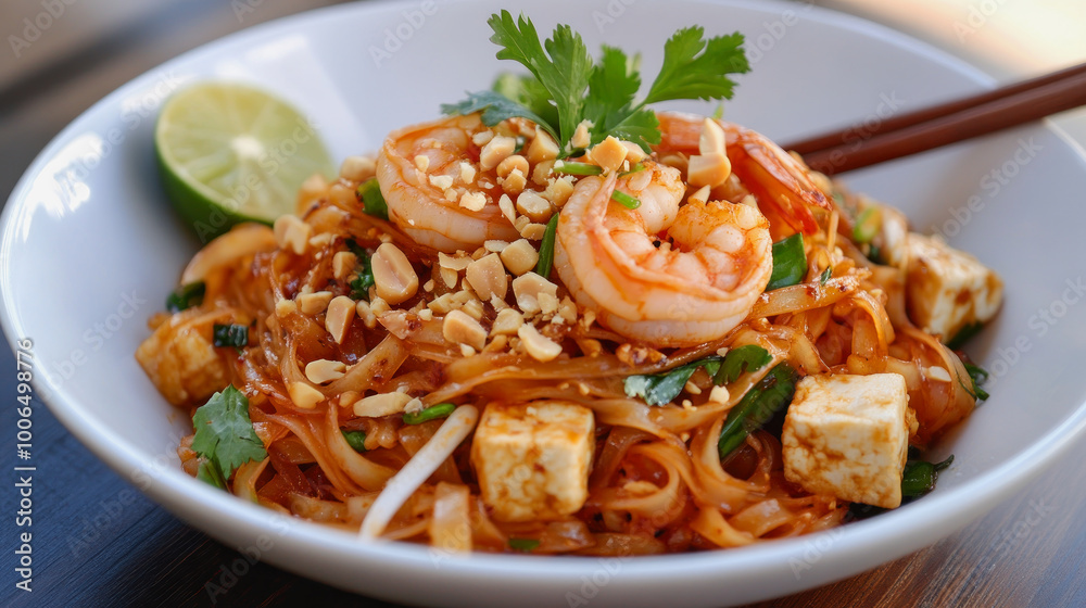 Delicious shrimp pad thai served in a bowl with fresh lime, peanuts, and cilantro, accompanied by chopsticks