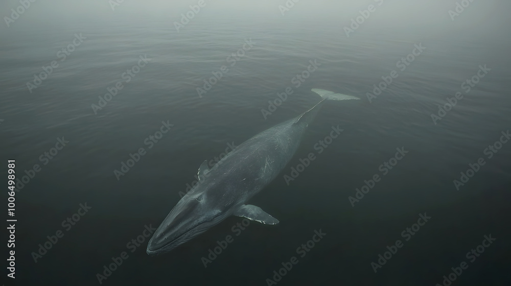 Fototapeta premium Gray Whale Gliding Through Misty Ocean Waters