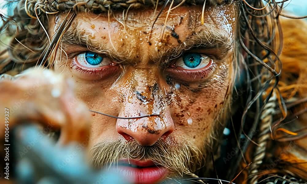Amidst a backdrop of nature's raw beauty, a fierce warrior with piercing blue eyes focuses intently, ready to embrace the challenges ahead with unwavering resolve Amidst a backdrop of nature's raw beauty, a fierce warrior with piercing blue eyes focuses intently, ready to embrace the challenges ahead with unwavering resolve