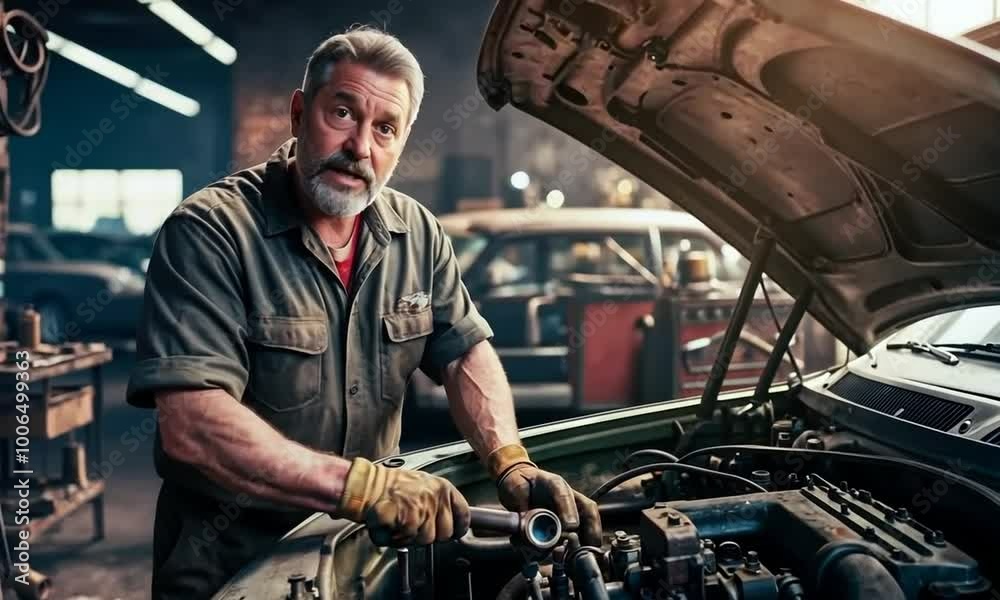 A skilled mechanic meticulously works on an old engine, bringing life back to classic cars in a charming workshop filled with nostalgia and vintage tools A skilled mechanic meticulously works on an old engine, bringing life back to classic cars in a charming workshop filled with nostalgia and vintage tools