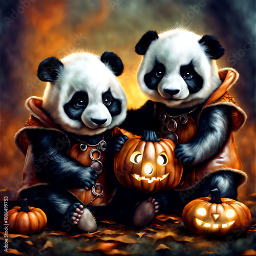panda bears with pumpkins