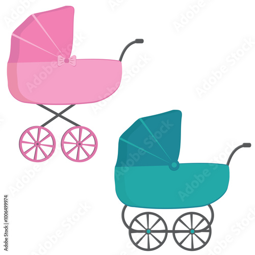 Strollers for children in different colors in cartoon style