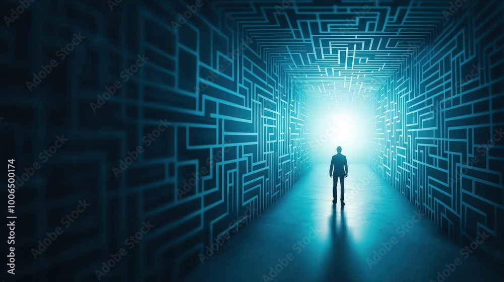 Navigating the Maze of Sales: A figure navigating through a maze with walls made of sales graphs and challenges, with bright light marking the end of the maze Navigating the Maze of Sales: A figure navigating through a maze with walls made of sales graphs and challenges, with bright light marking the end of the maze