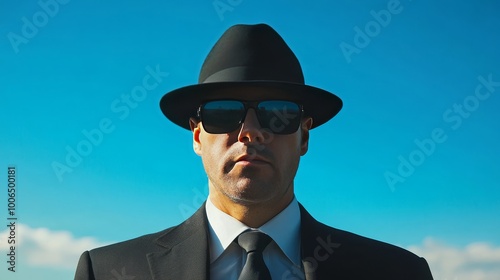 A man in a suit and hat is standing in front of a blue sky