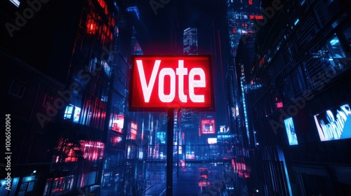 Futuristic Hologram Projecting Vote in Neon Cityscape