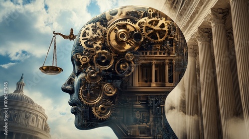 A conceptual image showing a human head filled with gears and circuits, merging into the scales of justice and a majestic building with grand columns.