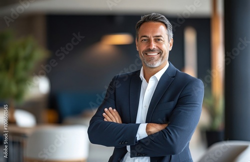 Confident Businessman Smiling in a Modern Office Setting