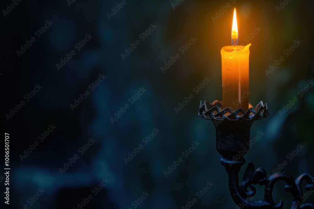 Gothic candle burning with a wrought iron holder, dark and mysterious background Gothic candle burning with a wrought iron holder, dark and mysterious background