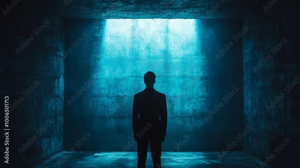 A man stands in a dark room with blue walls A man stands in a dark room with blue walls