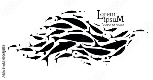Swimming school of fish. Black logo template. Decorative flock of fish. Vector illustration.