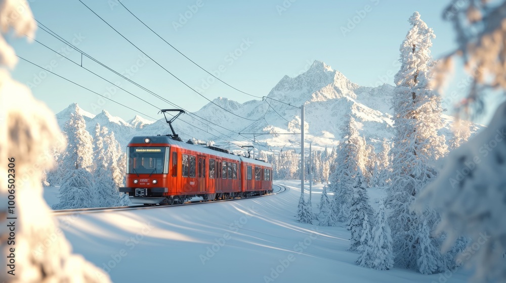 Scenic train journey through snow-covered mountain landscape at sunset in winter