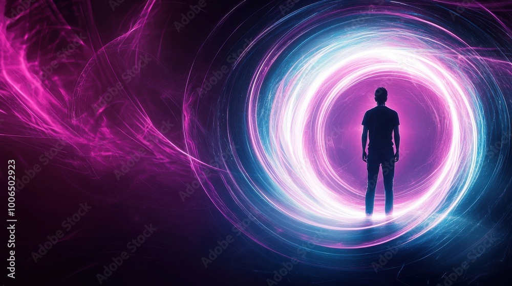 Positive Spiral of Energy: A spiral of vibrant light encircling a human figure standing in the center, representing the never-ending cycle of positive thoughts and energy Positive Spiral of Energy: A spiral of vibrant light encircling a human figure standing in the center, representing the never-ending cycle of positive thoughts and energy