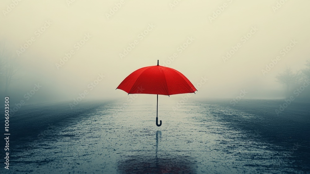 A red umbrella is standing in the rain on a wet road A red umbrella is standing in the rain on a wet road