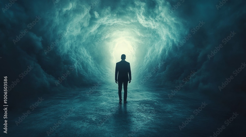 A man stands in a tunnel with a light shining on him A man stands in a tunnel with a light shining on him