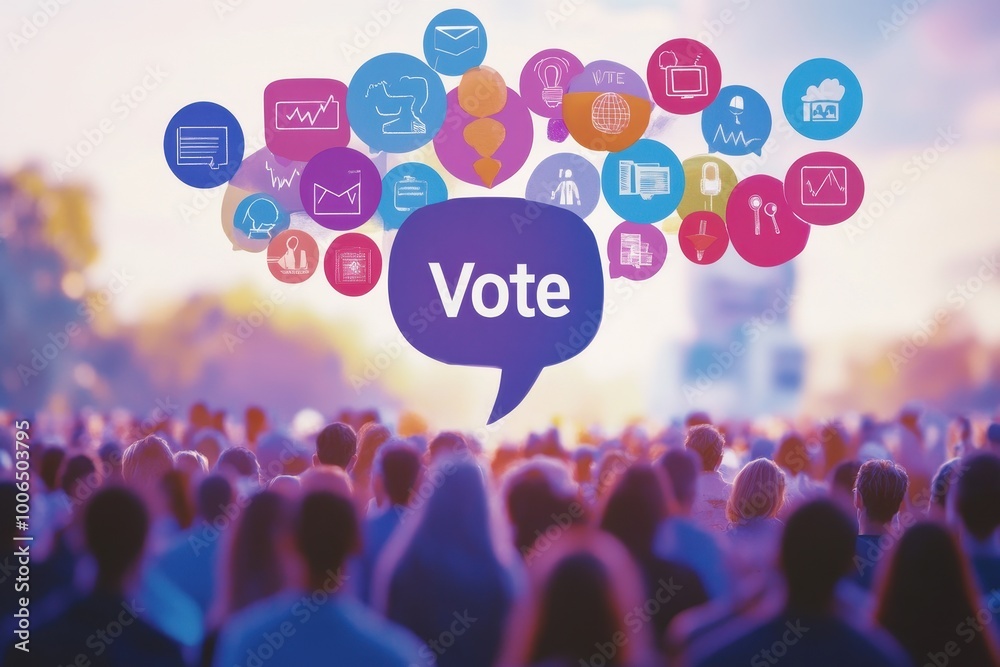 Colorful Speech Bubbles Over Engaged Crowd Colorful Speech Bubbles Over Engaged Crowd