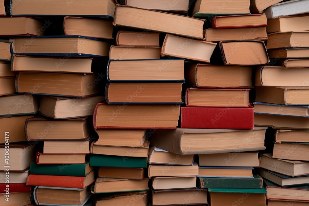 A disorganized pile of hardcover books in green, red, and beige, stacked horizontally and vertically A disorganized pile of hardcover books in green, red, and beige, stacked horizontally and vertically