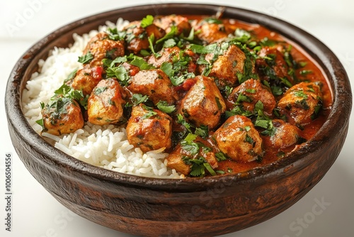 delicious chicken tikka masala served in a traditional clay plate vibrant spices contrasting with fluffy rice beautifully arranged for an appetizing topdown view on a white background