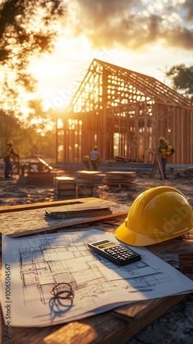 A photo of construction plans, blueprints, and building materials with an unfinished house in the background