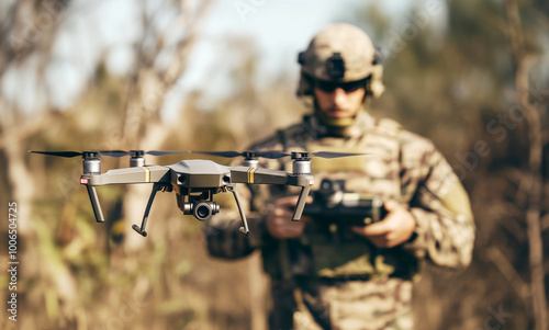 Military operator in camouflage uniform and helmet controlling drone with remote control. Drone in flight ready for exploaring combat intelligence data. Modern military technology in action concept photo