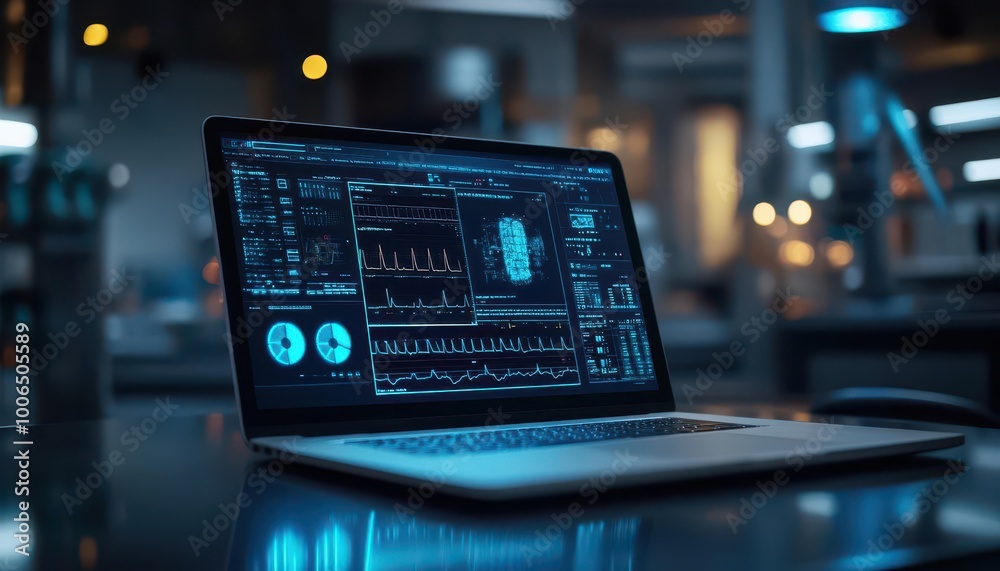 Online medical consultation via a laptop, sleek interface, soft lighting, high-tech atmosphere, modern design Online medical consultation via a laptop, sleek interface, soft lighting, high-tech atmosphere, modern design