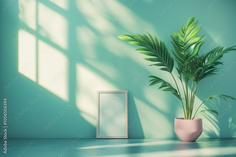 Mock up of blank painting on green wall, white canvas, studio. Green plants in pots. Mock up of blank painting on green wall, white canvas, studio. Green plants in pots.