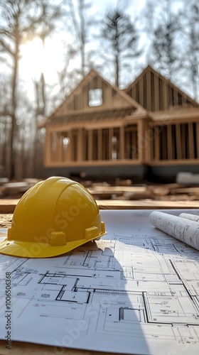 A photo of construction plans, blueprints, and building materials with an unfinished house in the background