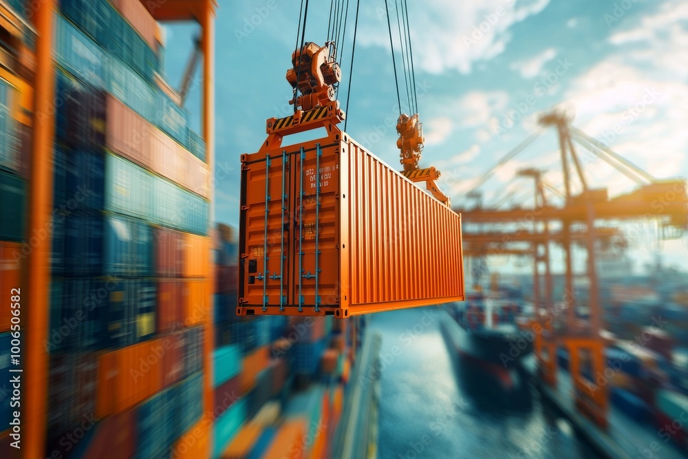 Hydraulic lift carrying an orange shipping container in a busy ...