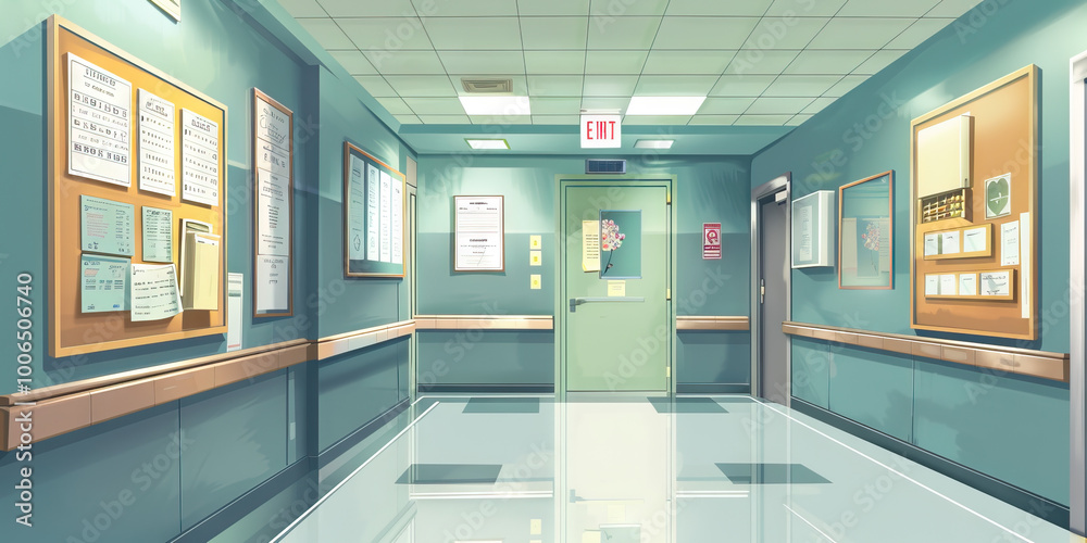 Fototapeta premium Hospital Security Office Wall: Adorned with security protocols, emergency response plans, and a board with security contact information