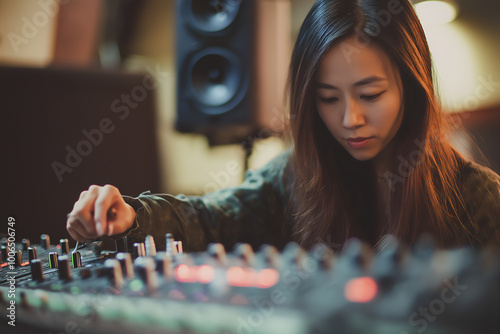 Asian woman testing audio equipment in a recording studio, Sound engineer, Audio mixer, Singer
