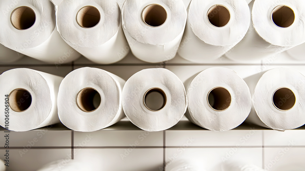 Soft Premium Toilet Paper Rolls Neatly Stacked on Shelf Soft Premium Toilet Paper Rolls Neatly Stacked on Shelf