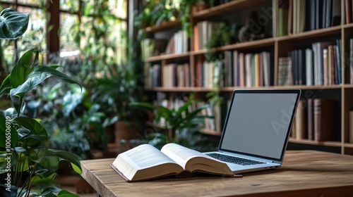 Laptop, Book, and Plants in a Library