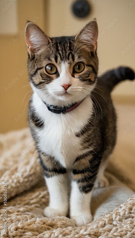 A relaxed tabby and white cat with soft, striped fur lounges on a textured brown blanket, its curious eyes looking forward, capturing the calm essence of domestic feline life A relaxed tabby and white cat with soft, striped fur lounges on a textured brown blanket, its curious eyes looking forward, capturing the calm essence of domestic feline life