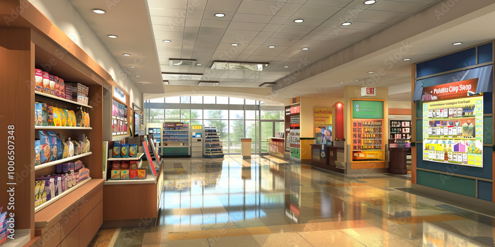 Hospital Gift Shop Wall: Featuring gift shop merchandise displays, seasonal promotions, and a board with gift shop hours. Hospital Gift Shop Wall: Featuring gift shop merchandise displays, seasonal promotions, and a board with gift shop hours.