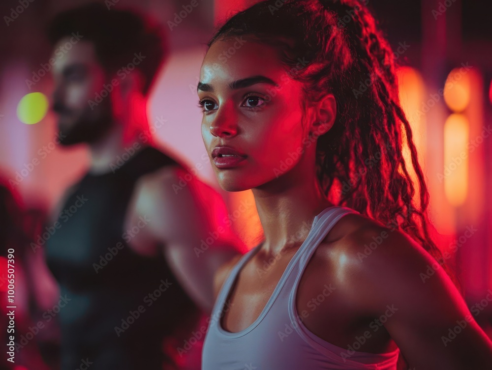 Naklejka premium Personal trainer session in a modern gym, vibrant lighting, dynamic movement, soft lighting, photo-realistic