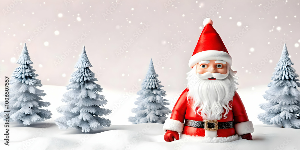 3D Minimalist Santa Winter Scene with Snowflakes and Trees - Cartoon Style Design on White Background 3D Minimalist Santa Winter Scene with Snowflakes and Trees - Cartoon Style Design on White Background