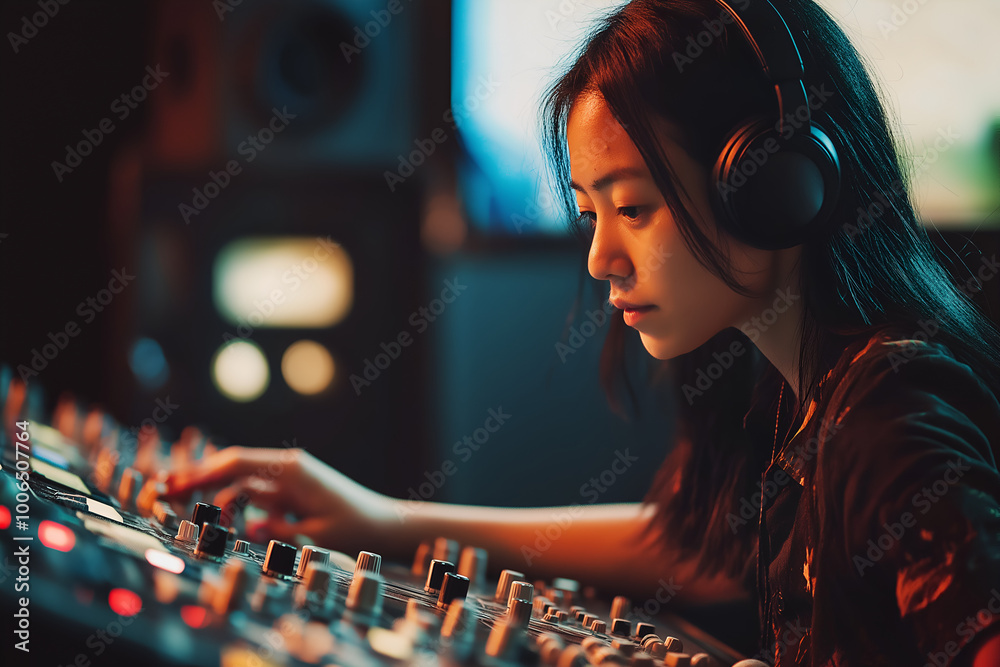Asian woman testing audio equipment in a recording studio, Sound engineer, Audio mixer, Singer Asian woman testing audio equipment in a recording studio, Sound engineer, Audio mixer, Singer