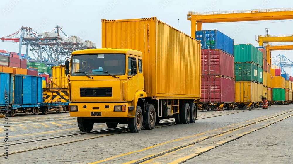 A yellow truck loaded with a shipping container navigates through a cargo yard filled with colorful shipping containers. A yellow truck loaded with a shipping container navigates through a cargo yard filled with colorful shipping containers.