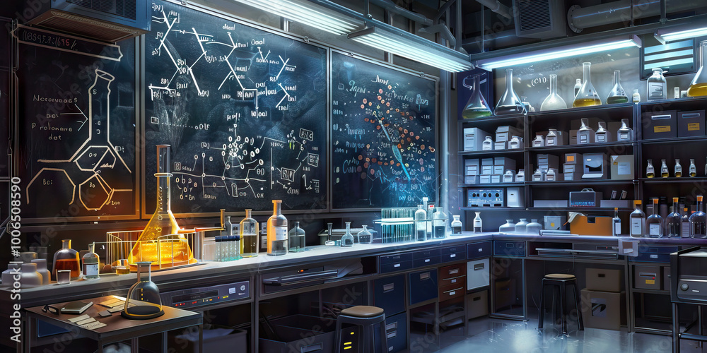 Biochemist's Lab Wall: Covered in biochemical reaction diagrams, lab safety guidelines, and a board with research project updates. Biochemist's Lab Wall: Covered in biochemical reaction diagrams, lab safety guidelines, and a board with research project updates.