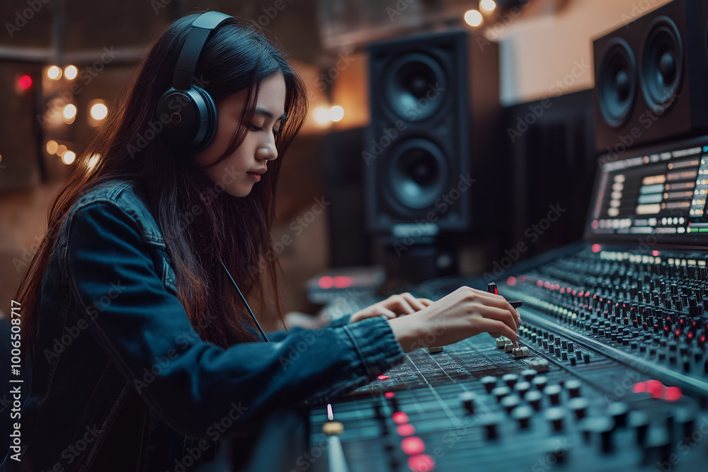 Asian woman testing audio equipment in a recording studio, Sound engineer, Audio mixer, Singer