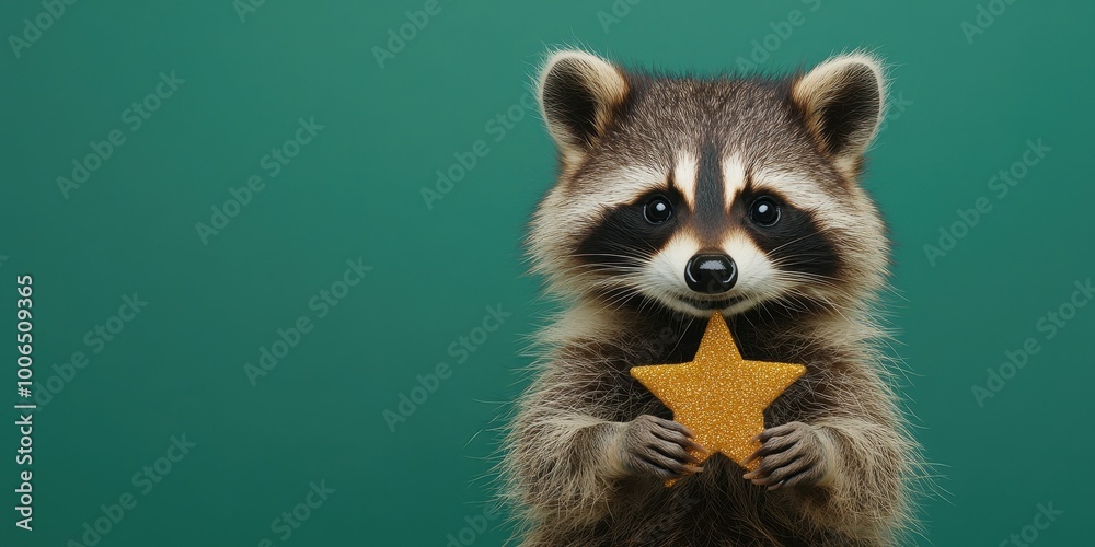 Fototapeta premium Raccoon Holding a Star Decoration for Christmas