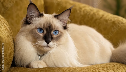 A regal-looking Balinese cat with striking blue eyes lounges on a luxurious golden couch, its creamy coat and dark facial markings creating a soft, elegant contrast photo