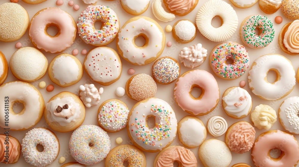 Fototapeta premium a pattern of Glazed doughnuts topped with sprinkles
