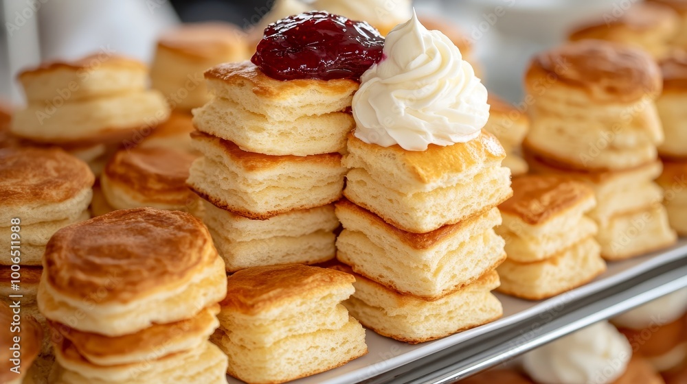 a pattern of Freshly baked scones served with clotted cream and jam a pattern of Freshly baked scones served with clotted cream and jam